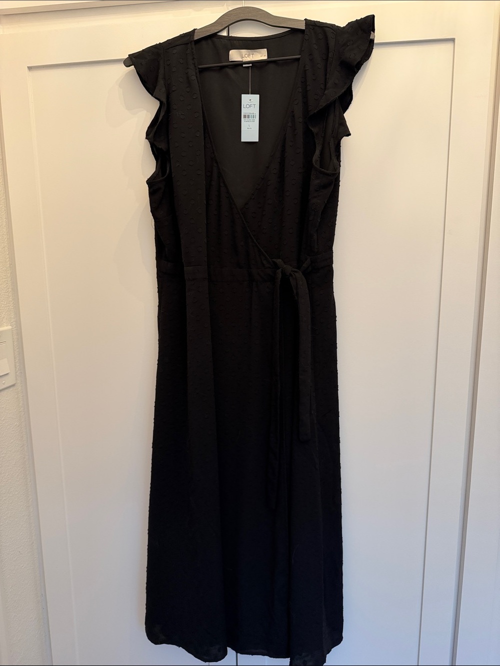 LOFT Black Wrap Midi Dress with Ruffle Sleeves